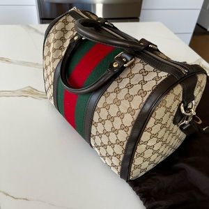GUCCI BROWN GG MONOGRAM CANVAS WEB MEDIUM BOSTON BAG